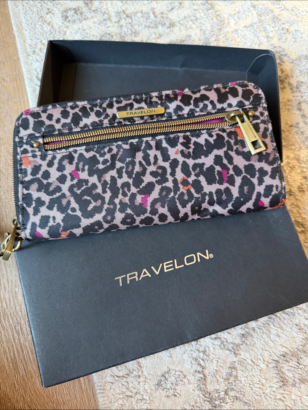 Travelon Leopard Print Zip Wallet - Pink with Gold Hardware